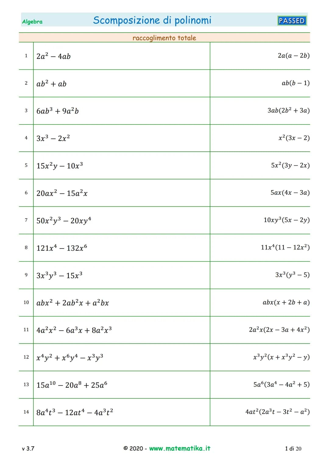 Algebra
1 2a²-4ab
2
3
4
5
6
7
8
ab² + ab
6ab³ +9a²b
3x³ - 2x²
13
15x²y - 10x³
20ax² - 15a²x
v 3.7
50x²y³ - 20xy4
9 3x³y³ - 15x³
121x4 - 132x