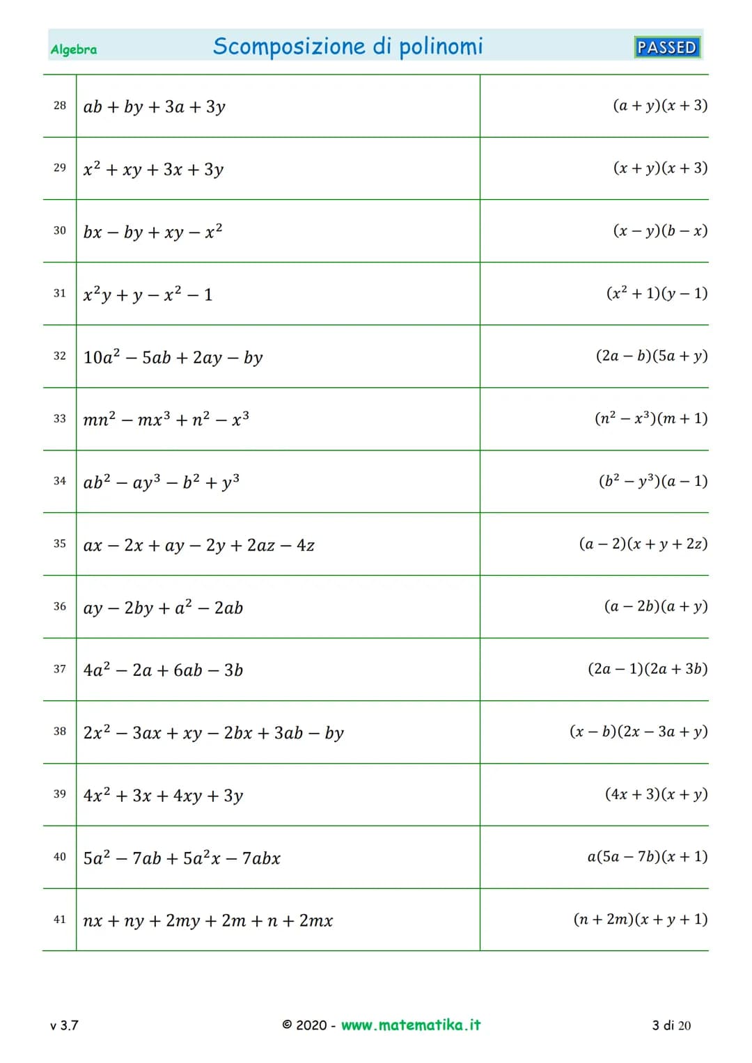 Algebra
1 2a²-4ab
2
3
4
5
6
7
8
ab² + ab
6ab³ +9a²b
3x³ - 2x²
13
15x²y - 10x³
20ax² - 15a²x
v 3.7
50x²y³ - 20xy4
9 3x³y³ - 15x³
121x4 - 132x