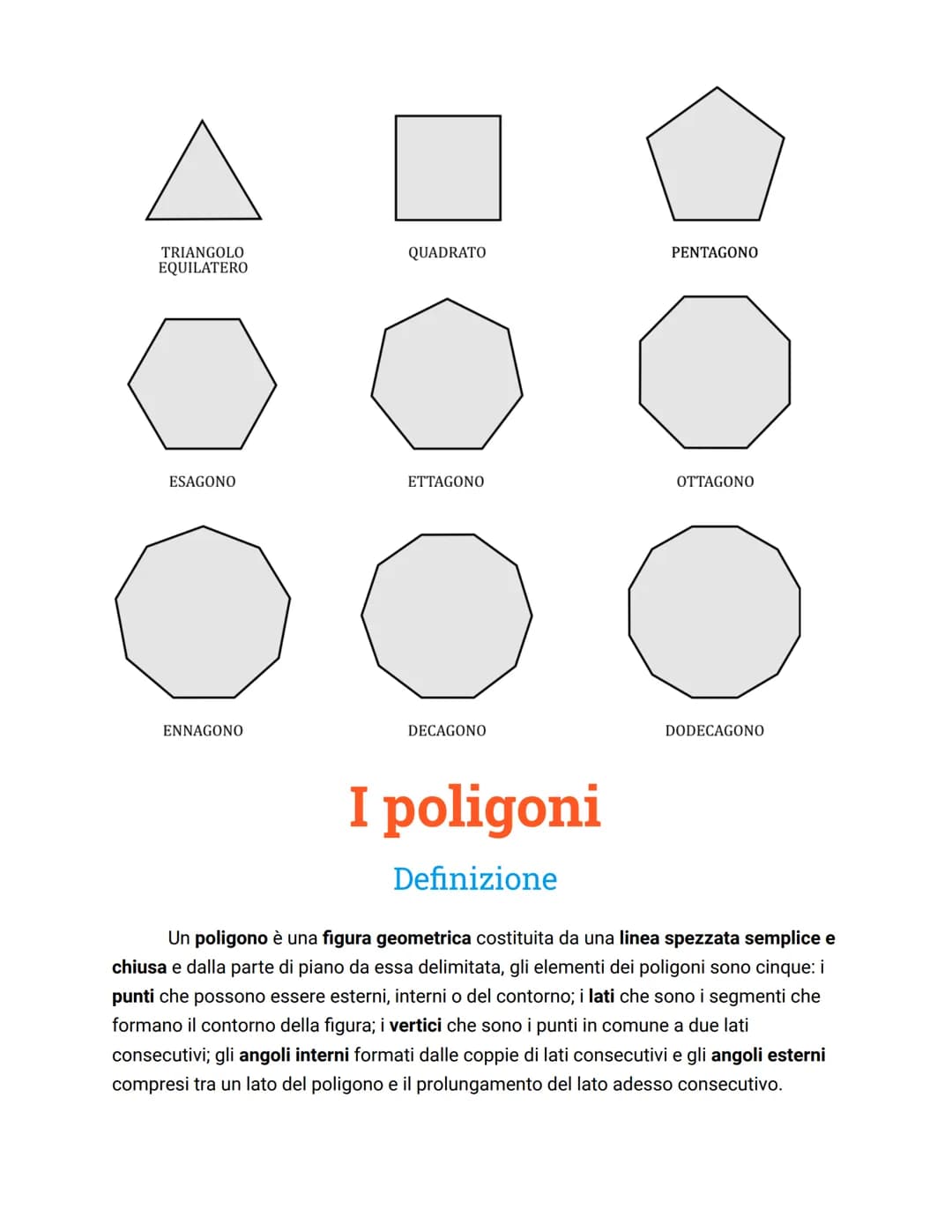 TRIANGOLO
EQUILATERO
ESAGONO
ENNAGONO
QUADRATO
ETTAGONO
DECAGONO
I poligoni
Definizione
PENTAGONO
OTTAGONO
DODECAGONO
Un poligono è una figu