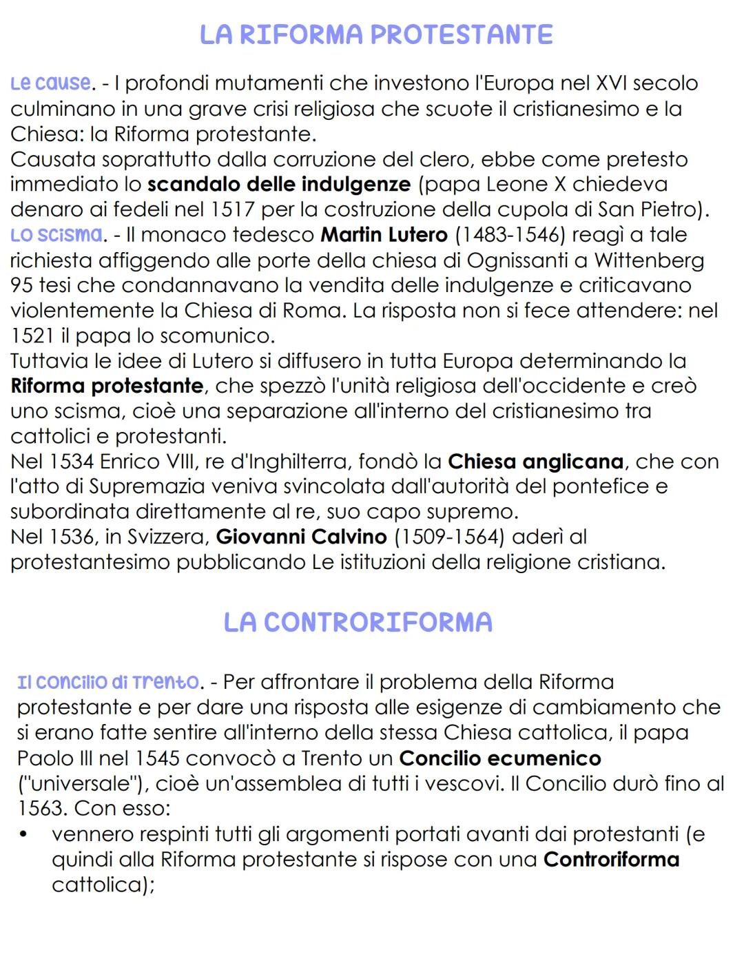 LA RIFORMA PROTESTANTE
Le cause. - I profondi mutamenti che investono l'Europa nel XVI secolo
culminano in una grave crisi religiosa che scu