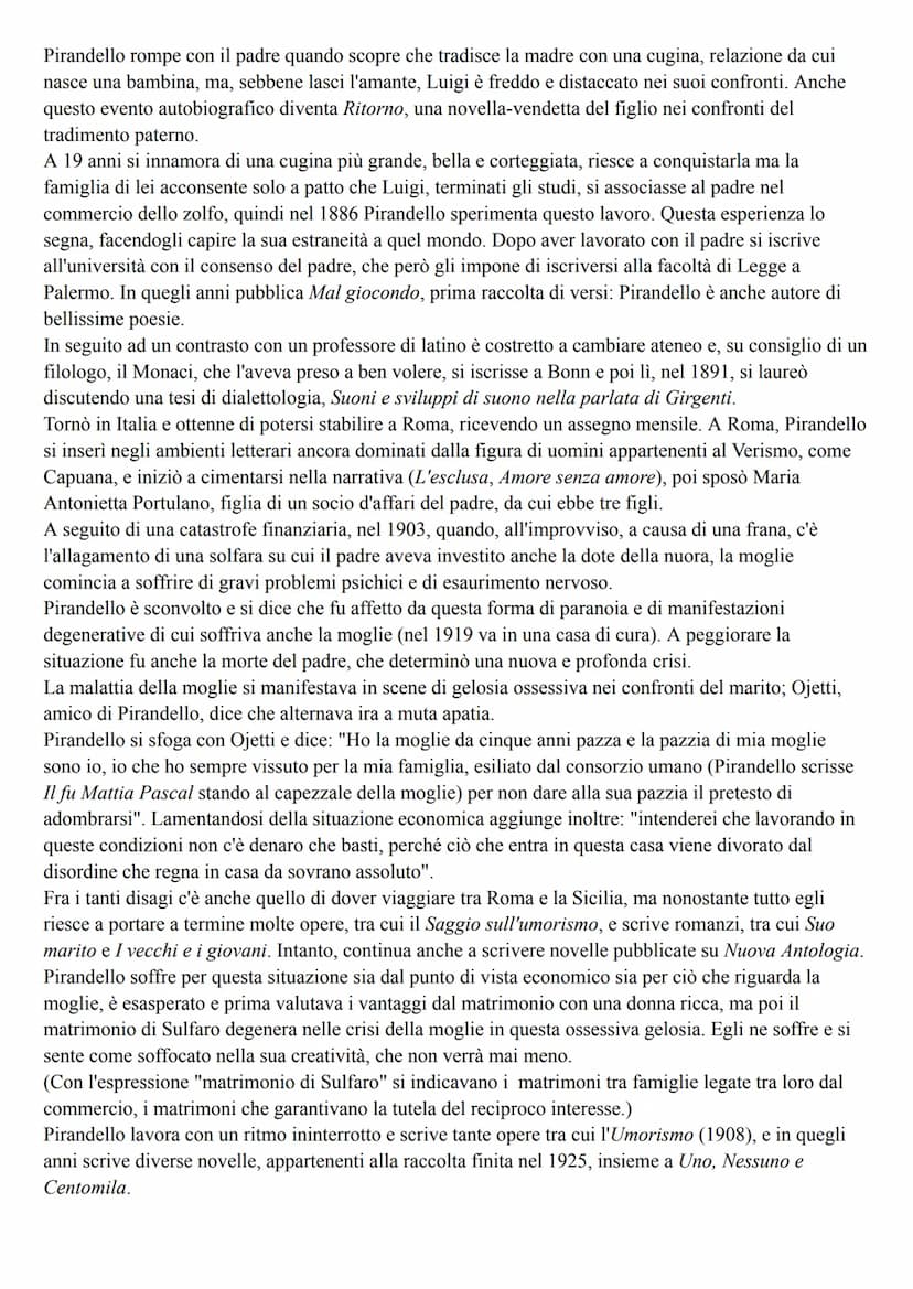 Pirandello
Vita
Pirandello si definisce "figlio del Cavuso", del caos, in un frammento di autobiografia del 1893: "Io
dunque sono figlio del