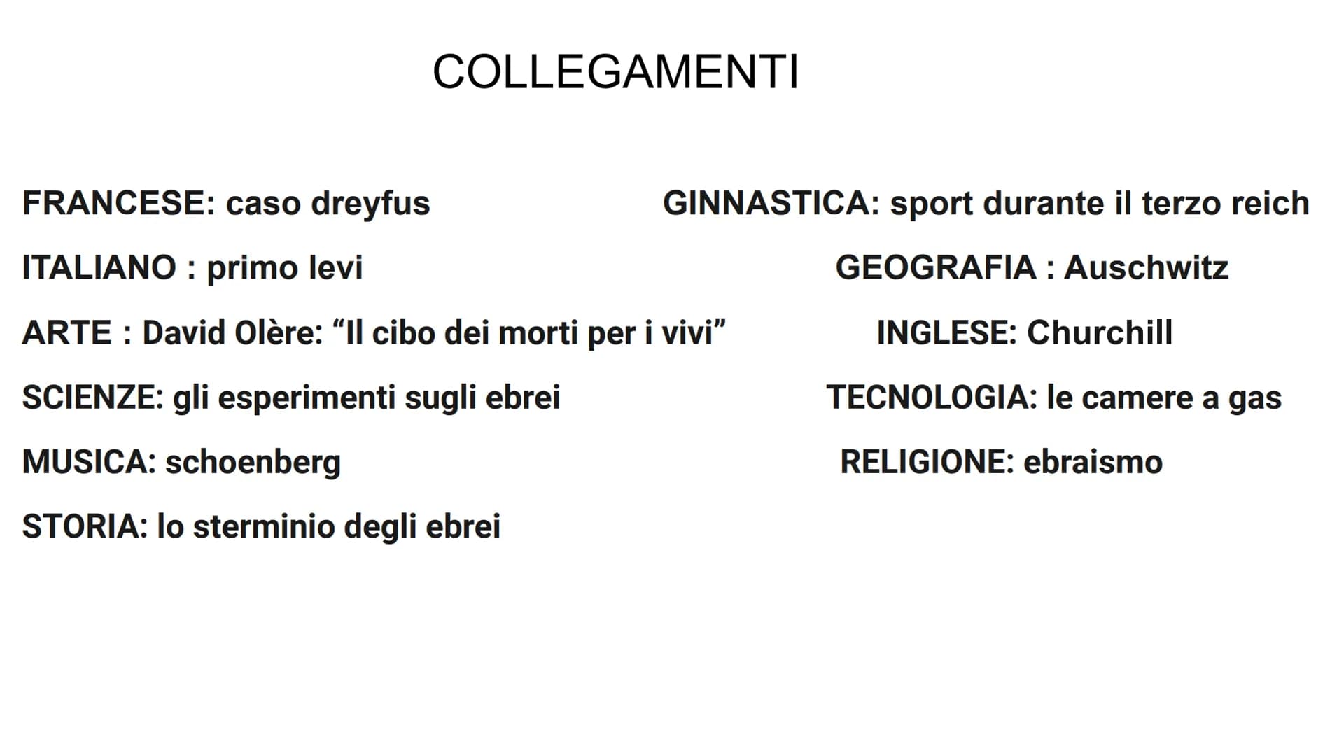 COLLEGAMENTI
FRANCESE: caso dreyfus
ITALIANO: primo levi
ARTE: David Olère: "Il cibo dei morti per i vivi"
SCIENZE: gli esperimenti sugli eb