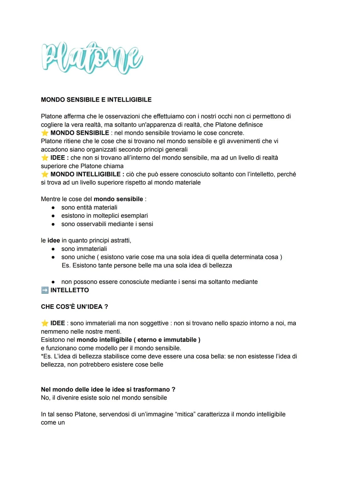 Plapne
MONDO SENSIBILE E INTELLIGIBILE
Platone afferma che le osservazioni che effettuiamo con i nostri occhi non ci permettono di
cogliere 