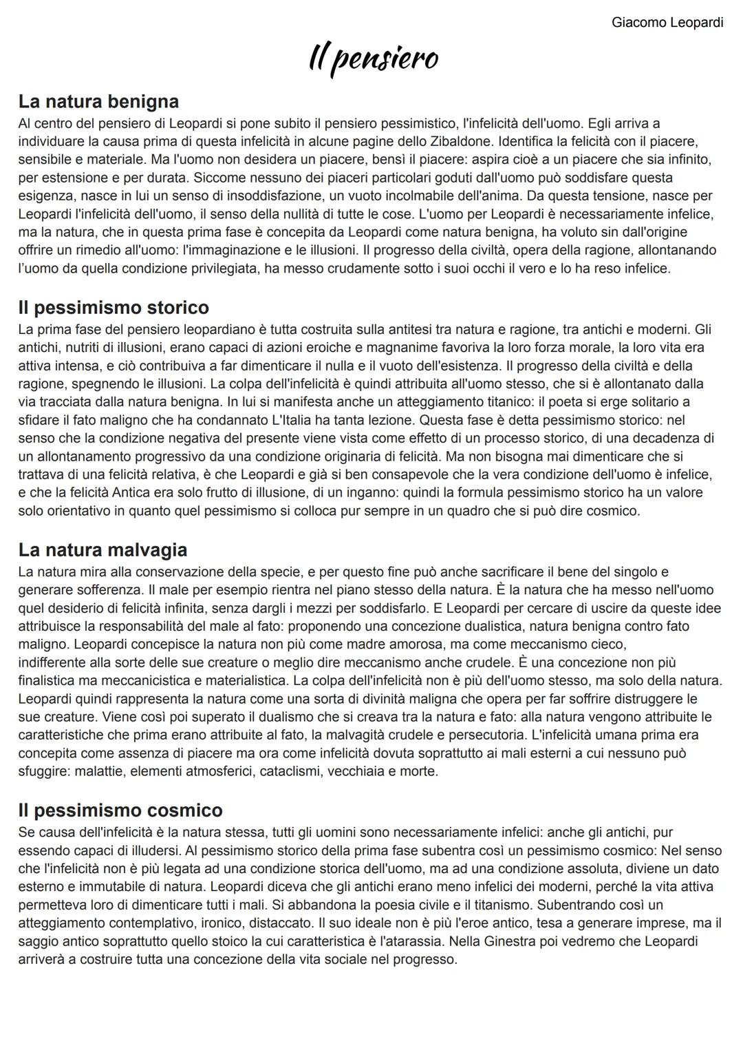 # Il pensiero

Giacomo Leopardi

La natura benigna

Al centro del pensiero di Leopardi si pone subito il pensiero pessimistico, l'infelicità