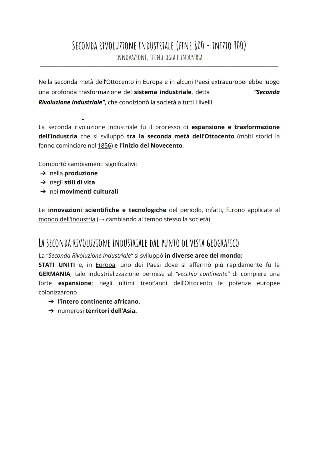 SECONDA RIVOLUZIONE INDUSTRIALE (FINE 800 - INIZIO 900)
INNOVAZIONE, TECNOLOGIA E INDUSTRIA
Nella seconda metà dell'Ottocento in Europa e in
