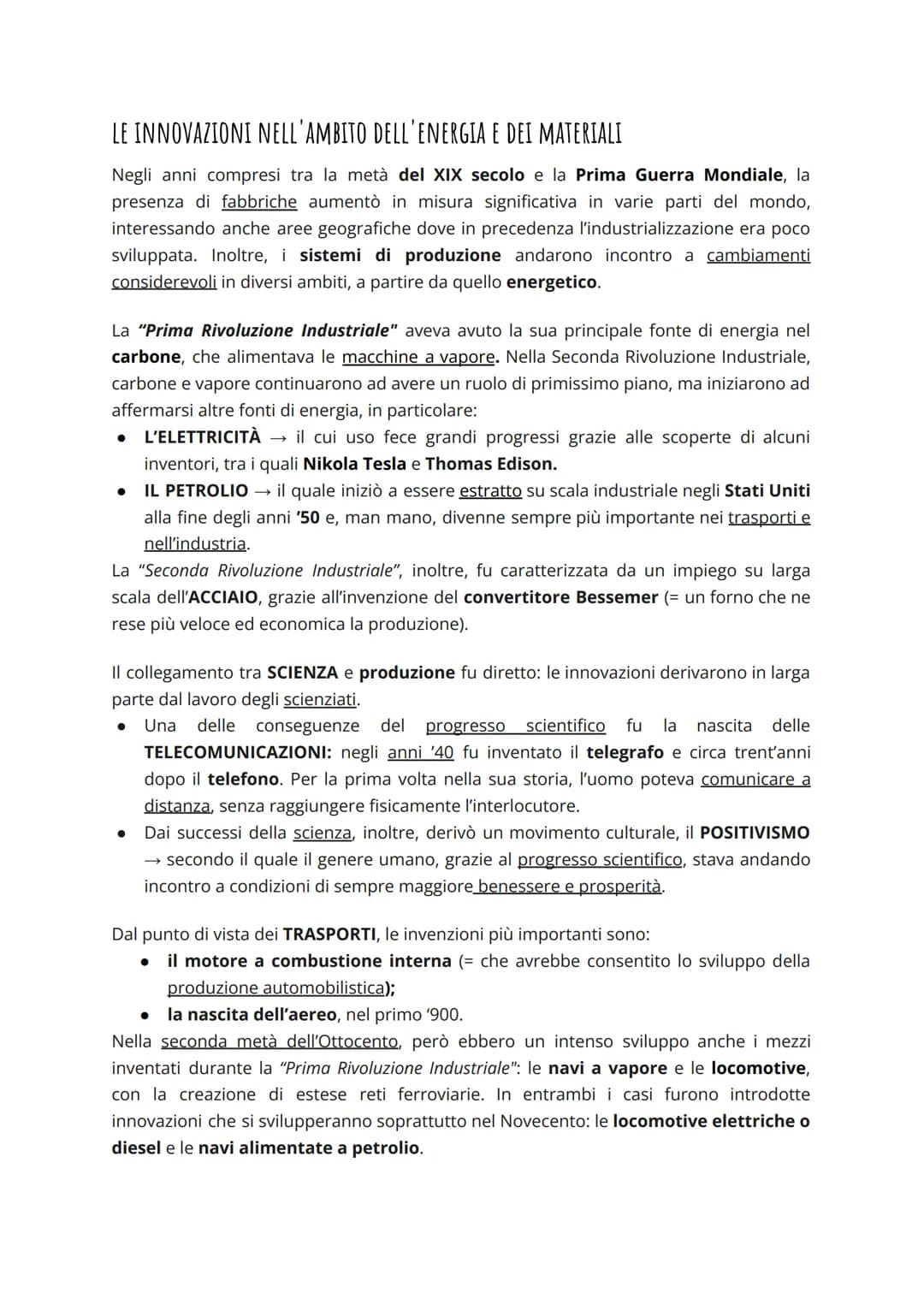 SECONDA RIVOLUZIONE INDUSTRIALE (FINE 800 - INIZIO 900)
INNOVAZIONE, TECNOLOGIA E INDUSTRIA
Nella seconda metà dell'Ottocento in Europa e in