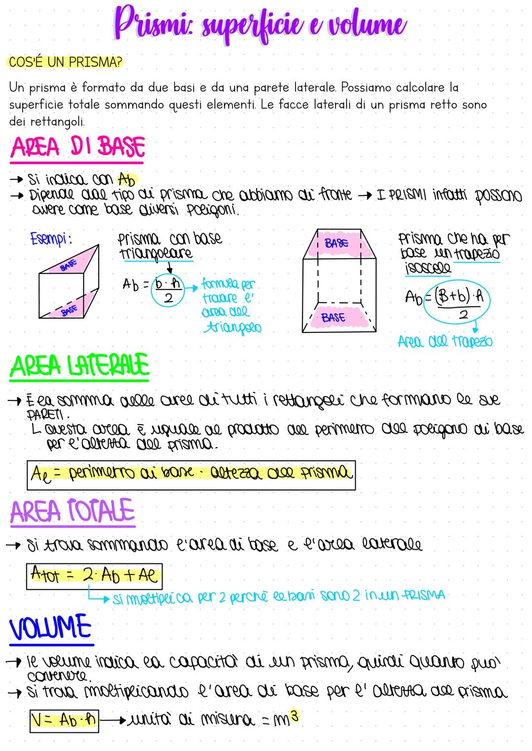# Prismi: superficie e volume

COS'É UN PRISMA?

Un prisma è formato da due basi e da una parete laterale. Possiamo calcolare la
superficie 
