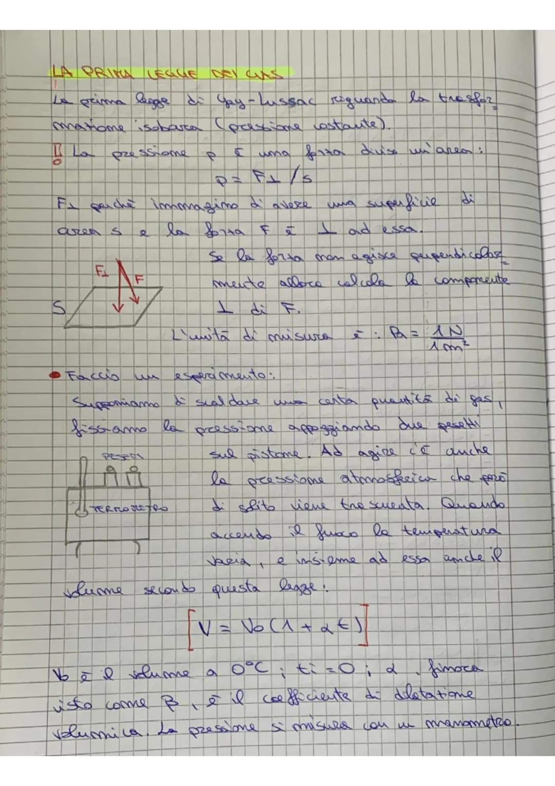 LA PRIMA LEGGE DEI CAS
La prima legge di Gay-Lussac riguarda la trasfor
matiome isobara (passione costante).
I La pressione
P uma forza divi