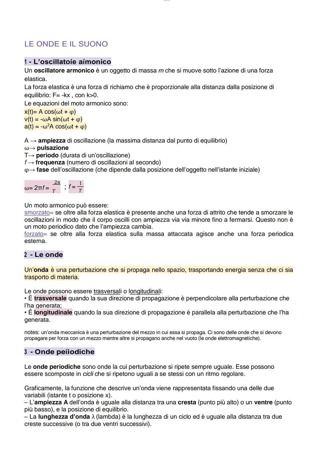 LE ONDE E IL SUONO
1 - L'oscillatoíe aímonico
Un oscillatore armonico è un oggetto di massa m che si muove sotto l'azione di una forza
elast