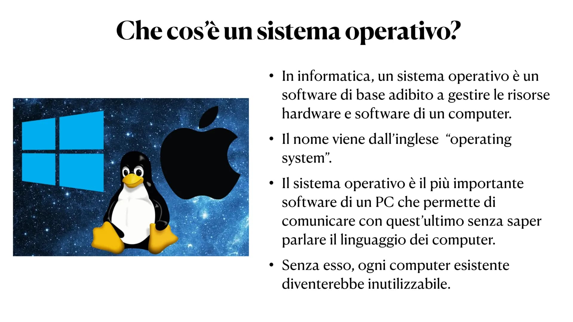 Il sistema operativo Che cos'è un sistema operativo?
In informatica, un sistema operativo è un
software di base adibito a gestire le risorse