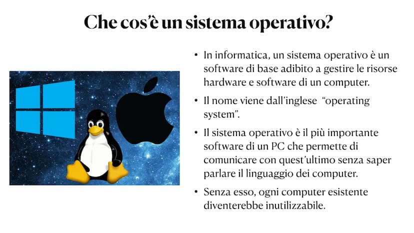 Il sistema operativo Che cos'è un sistema operativo?
In informatica, un sistema operativo è un
software di base adibito a gestire le risorse