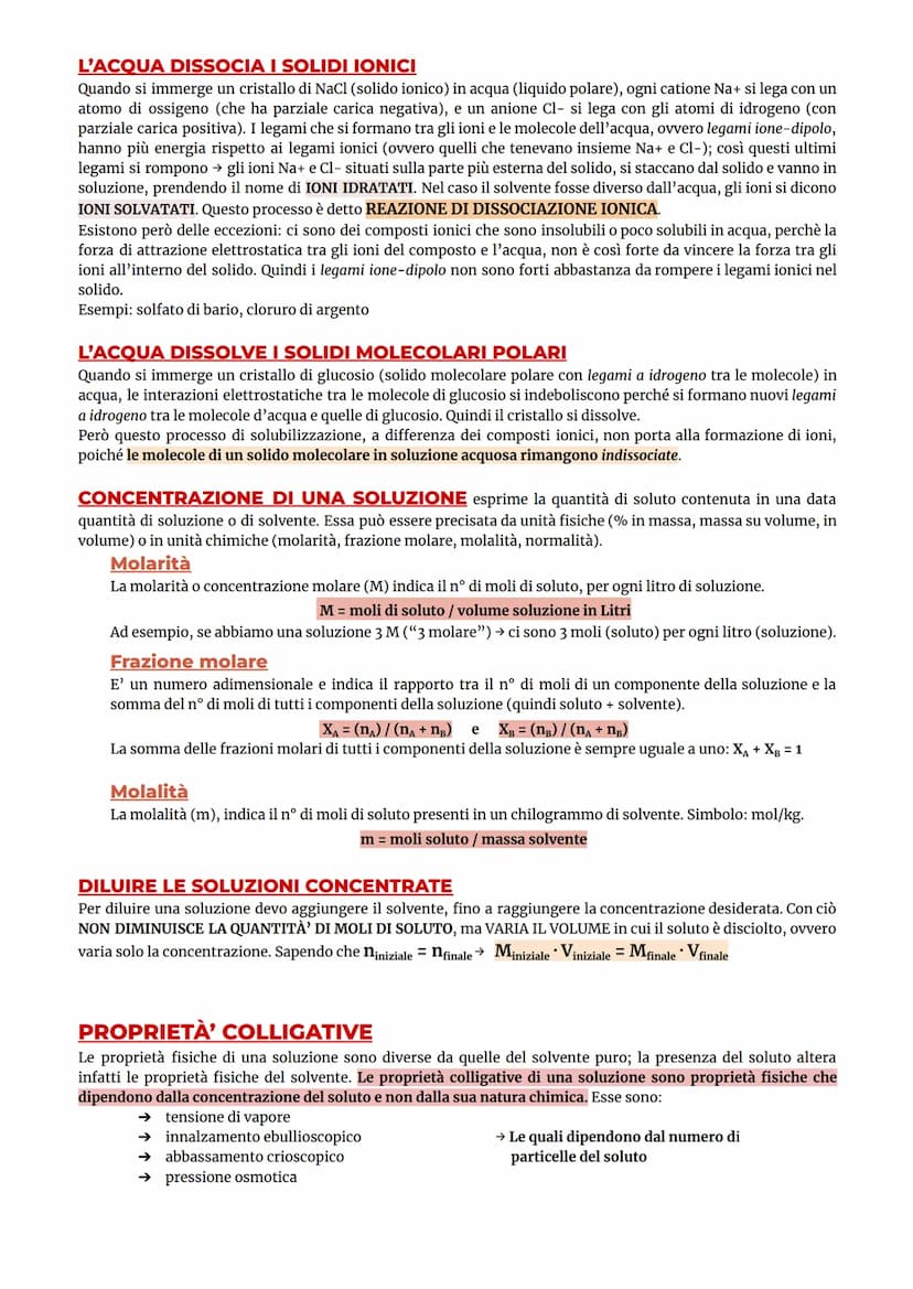 PROPRIETÀ' DELLE SOLUZIONI
ACQUA → SOLVENTE UNIVERSALE (essendo polare può sciogliere molte sostanze e, inoltre, tutti gli esseri
viventi vi