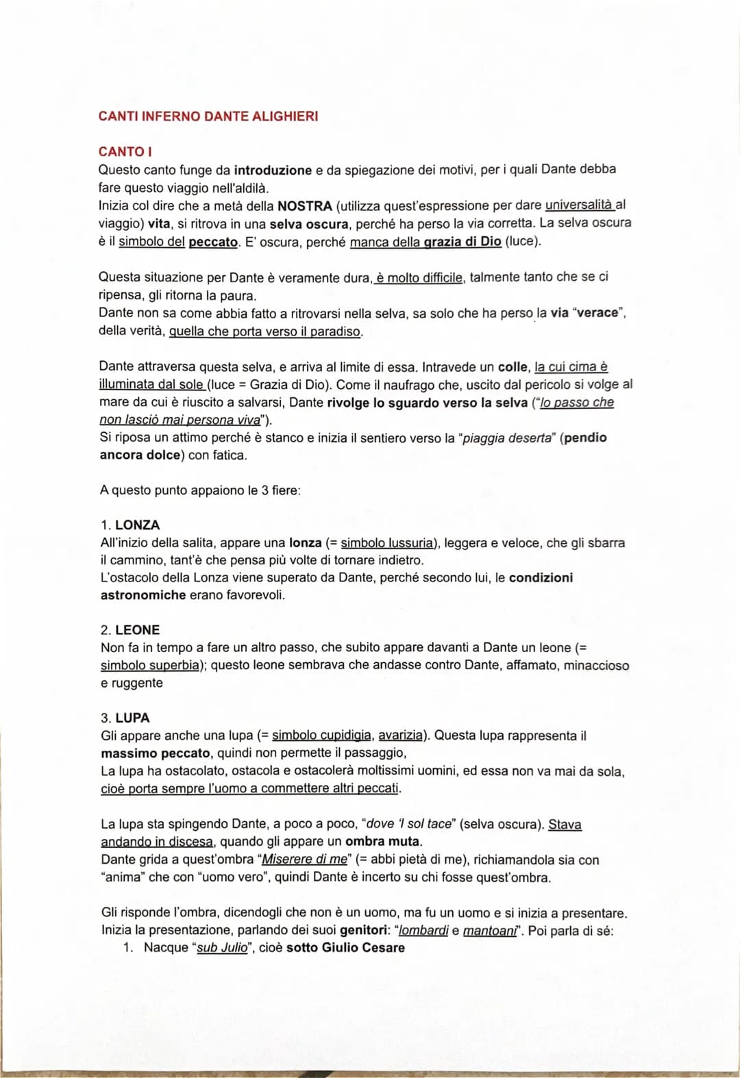 CANTI INFERNO DANTE ALIGHIERI
CANTO I
Questo canto funge da introduzione e da spiegazione dei motivi, per i quali Dante debba
fare questo vi