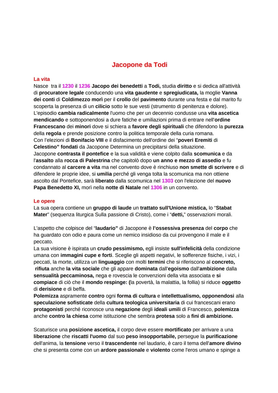 San Francesco d'Assisi Riassunto PDF e Jacopone da Todi Poesie e Opere