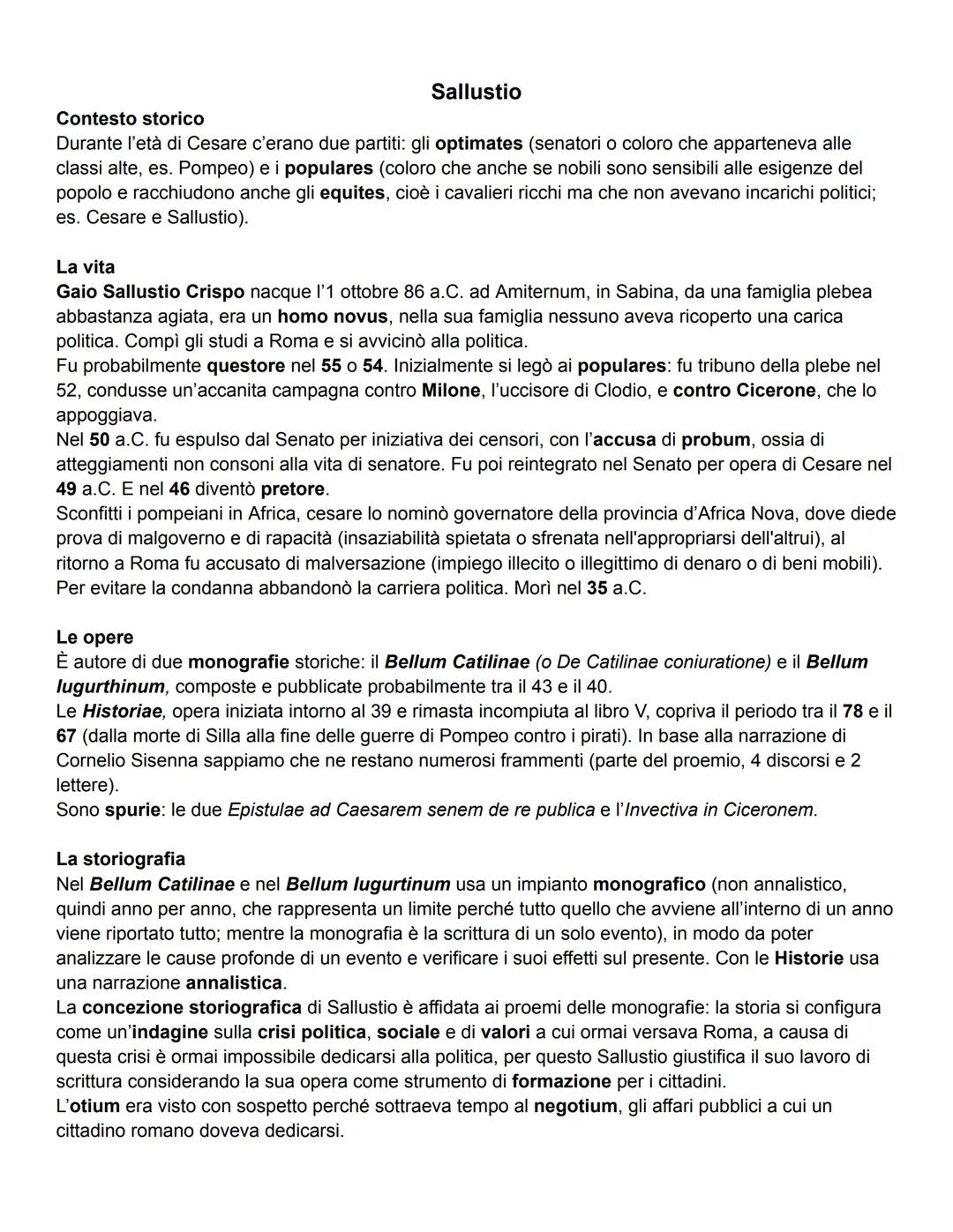 Sallustio
Contesto storico
Durante l'età di Cesare c'erano due partiti: gli optimates (senatori o coloro che apparteneva alle
classi alte, e