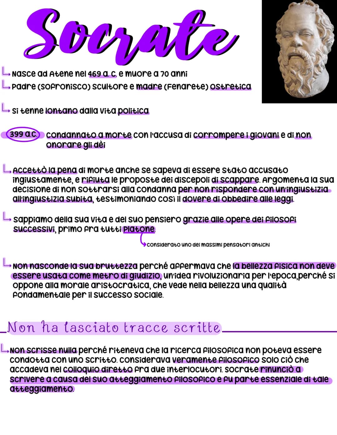 Socrate
L Nasce ad Atene nel 469 a. c. e muore a 70 anni
L Padre (sofronisco) scultore e madre (Fenarete) ostretica
L
Si tenne lontano dalla