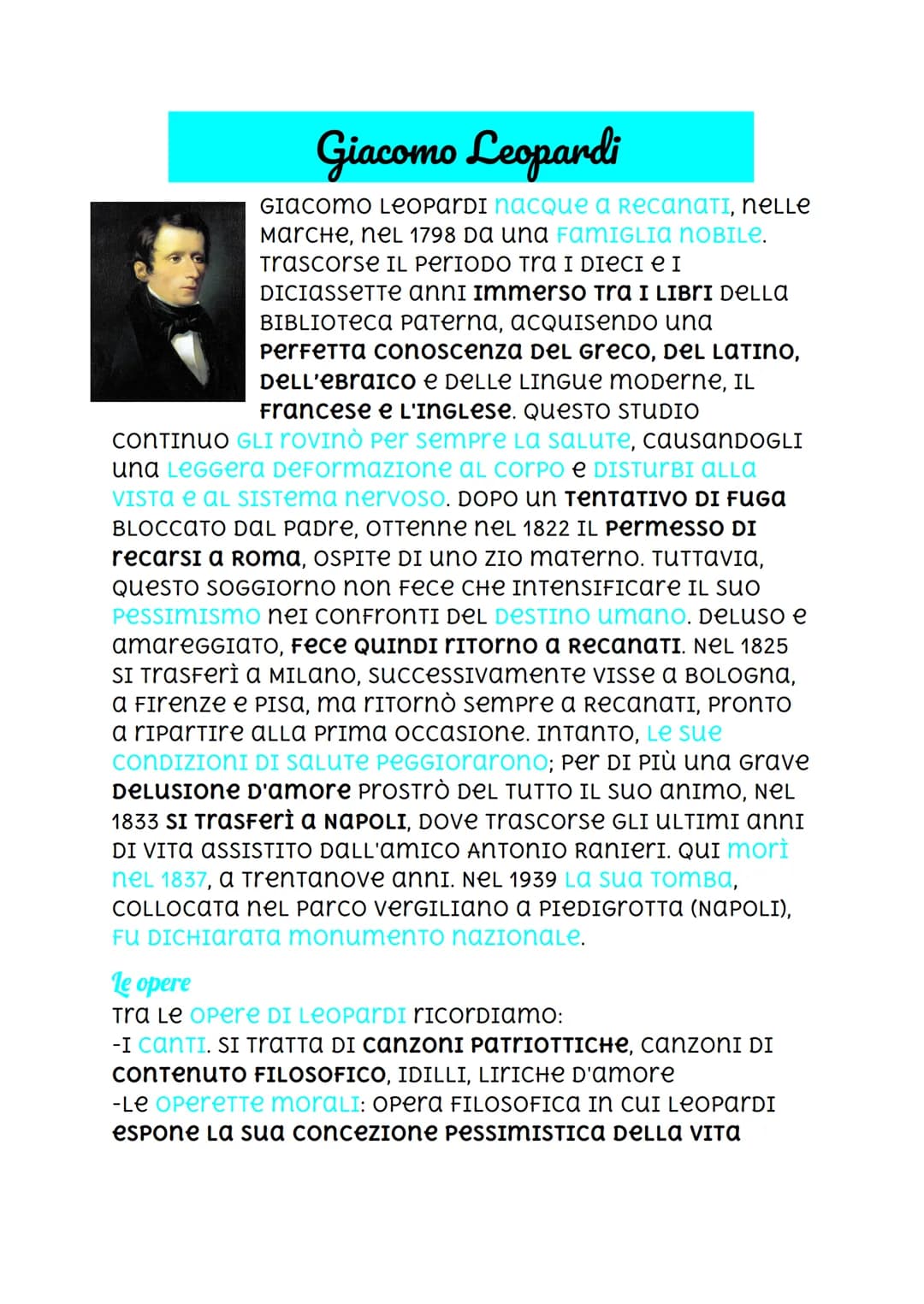 Giacomo Leopardi
GIACOMO LEOPARDI nacque a RecanATI, NELLE
Marche, nel 1798 Da una FAMIGLIA NOBILE.
Trascorse IL PERIODO Tra I DIECI e I
DIC