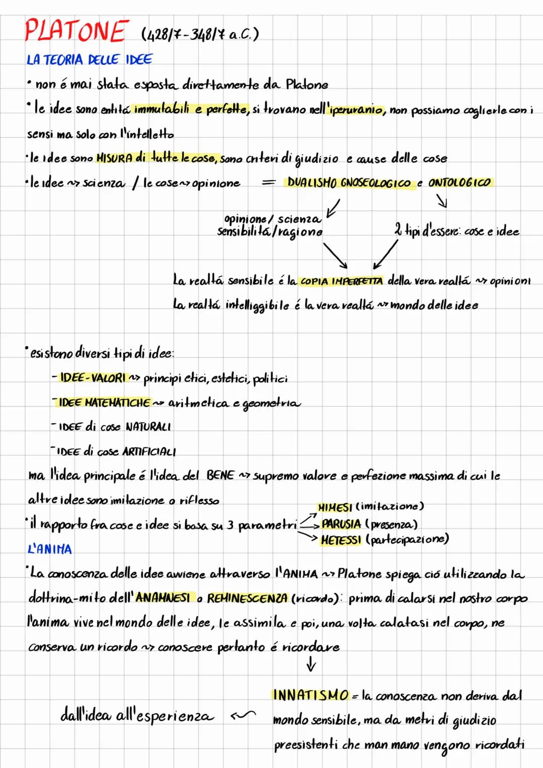 PLATONE (428/7-348/7 a.C.).
LA TEORIA DELLE IDEE
• non è mai stata esposta direttamente da Platone
le idee sono entita immutabili e perfette