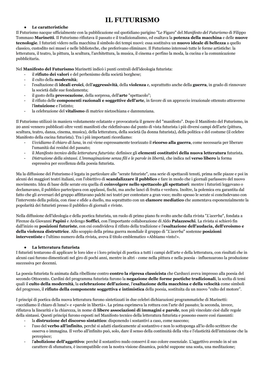 IL FUTURISMO
Le caratteristiche
Il Futurismo nacque ufficialmente con la pubblicazione sul quotidiano parigino "Le Figaro" del Manifesto del