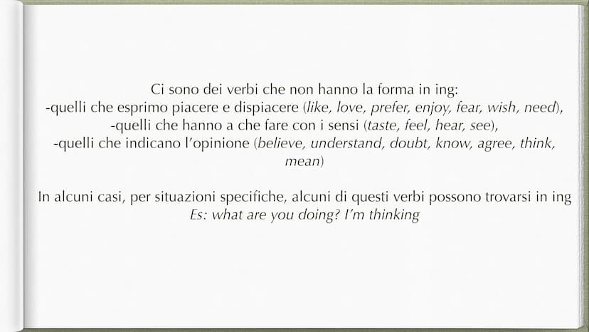 Present Continuous Forma
-affermativa:
soggetto+verbo essere+ forma base+ ing
I am studying
You are studying
She/he/ it is studying
We are s