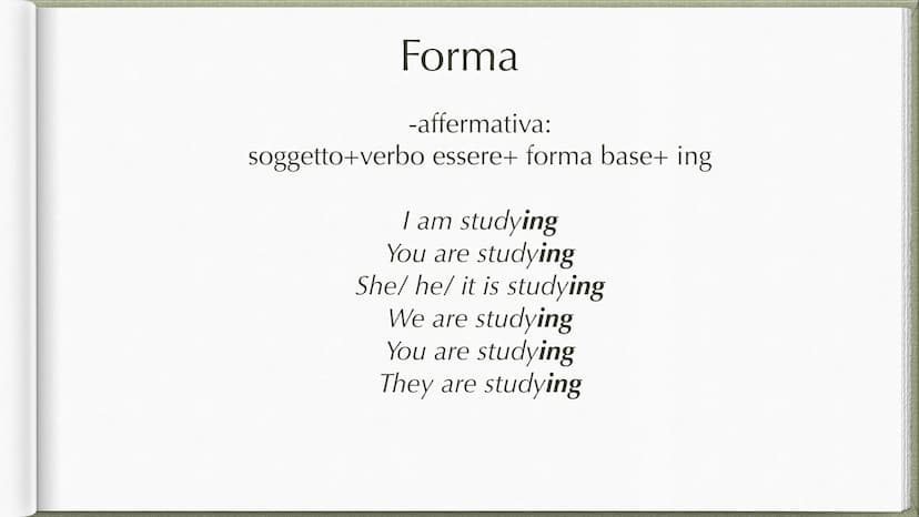 Present Continuous Forma
-affermativa:
soggetto+verbo essere+ forma base+ ing
I am studying
You are studying
She/he/ it is studying
We are s