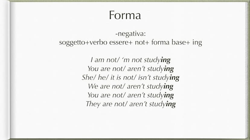 Present Continuous Forma
-affermativa:
soggetto+verbo essere+ forma base+ ing
I am studying
You are studying
She/he/ it is studying
We are s