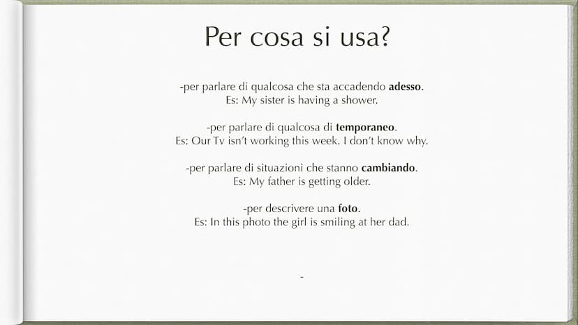 Present Continuous Forma
-affermativa:
soggetto+verbo essere+ forma base+ ing
I am studying
You are studying
She/he/ it is studying
We are s