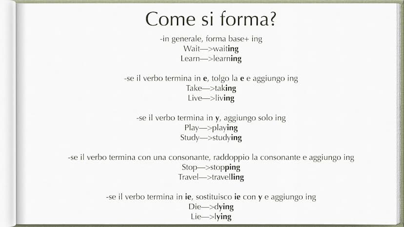 Present Continuous Forma
-affermativa:
soggetto+verbo essere+ forma base+ ing
I am studying
You are studying
She/he/ it is studying
We are s