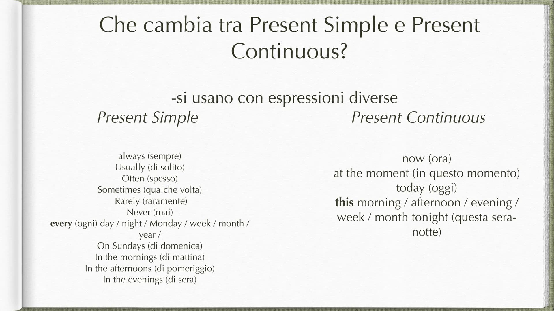 Present Continuous Forma
-affermativa:
soggetto+verbo essere+ forma base+ ing
I am studying
You are studying
She/he/ it is studying
We are s