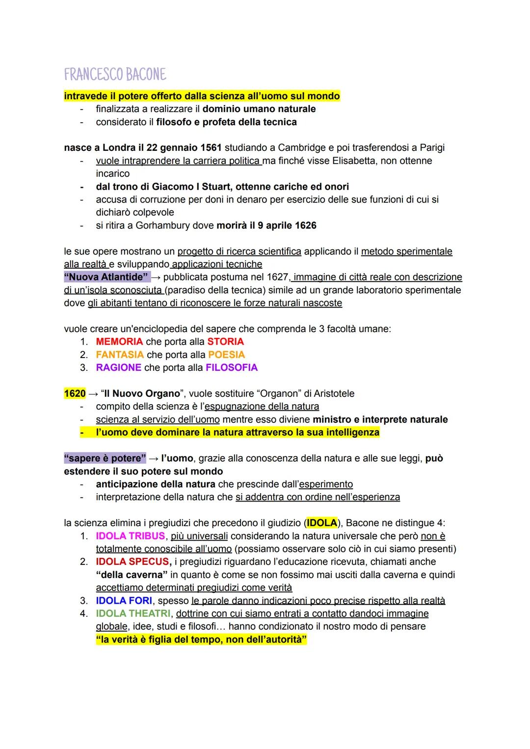 Francesco Bacone - Riassunto di Filosofia