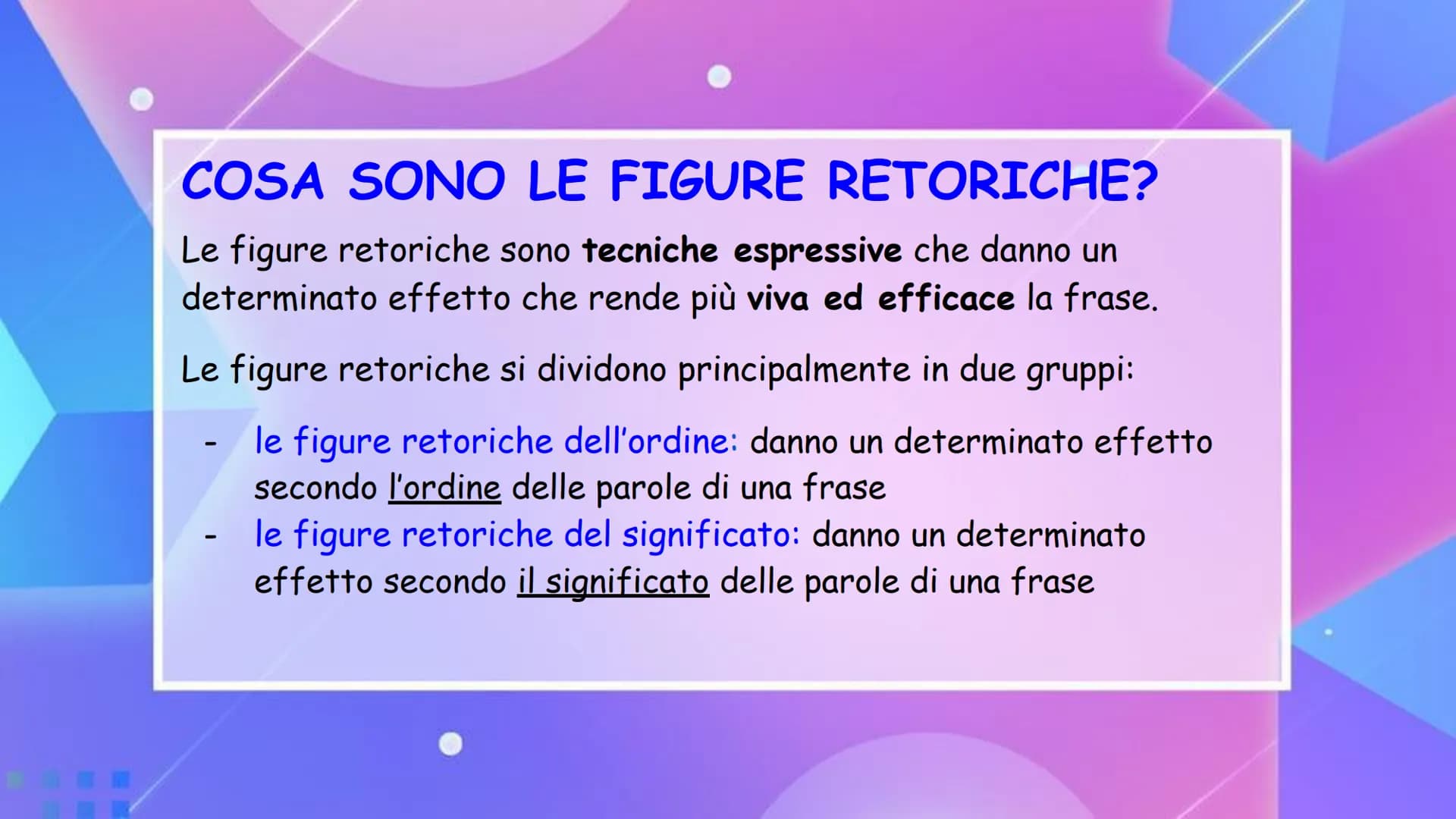 
<h2 id="cosasonolefigureretoriche">Cosa sono le figure retoriche?</h2>
<p>Le figure retoriche sono tecniche espressive che danno un determi