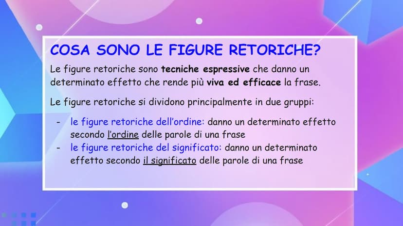 
<h2 id="cosasonolefigureretoriche">Cosa sono le figure retoriche?</h2>
<p>Le figure retoriche sono tecniche espressive che danno un determi