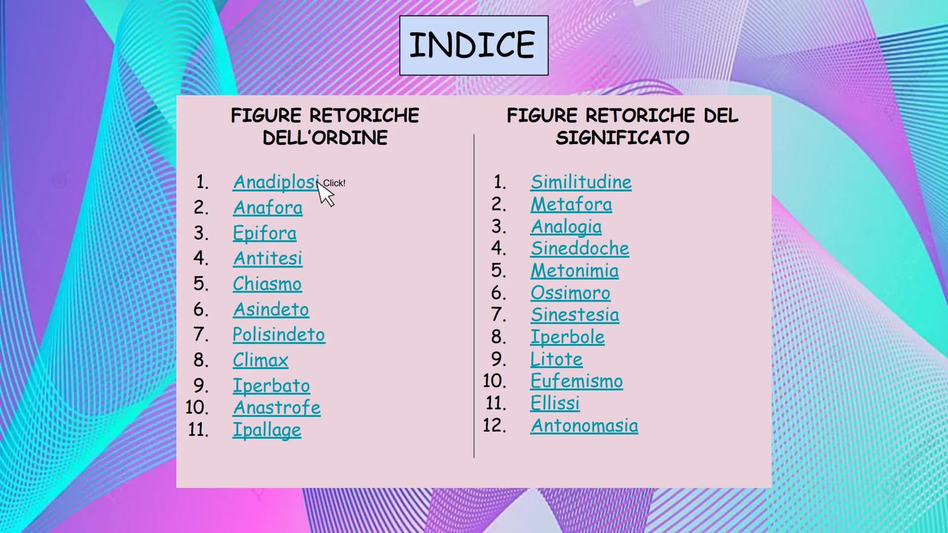 
<h2 id="cosasonolefigureretoriche">Cosa sono le figure retoriche?</h2>
<p>Le figure retoriche sono tecniche espressive che danno un determi