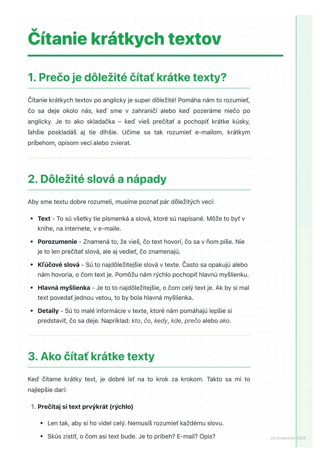 # Čítanie krátkych textov

1. Prečo je dôležité čítať krátke texty?

Čítanie krátkych textov po anglicky je super dôležité! Pomáha nám to ro