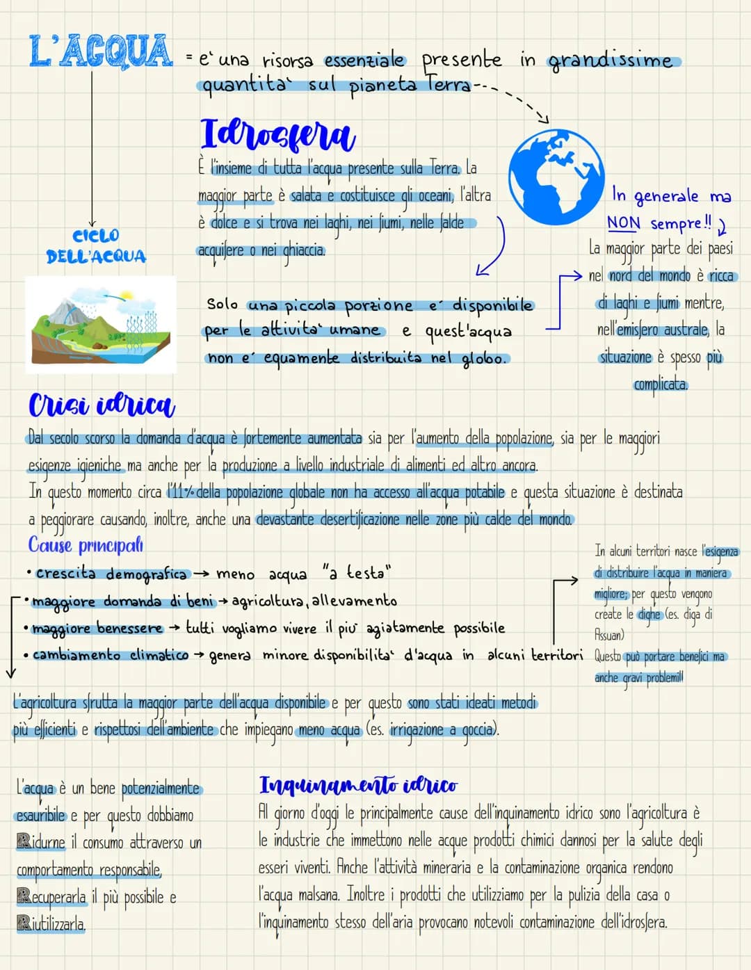 L'ACQUA
CICLO
DELL'ACQUA
= e'una risorsa essenziale presente in grandissime
quantità sul pianeta Terra---
●
Idrosfera
È l'insieme di tutta l
