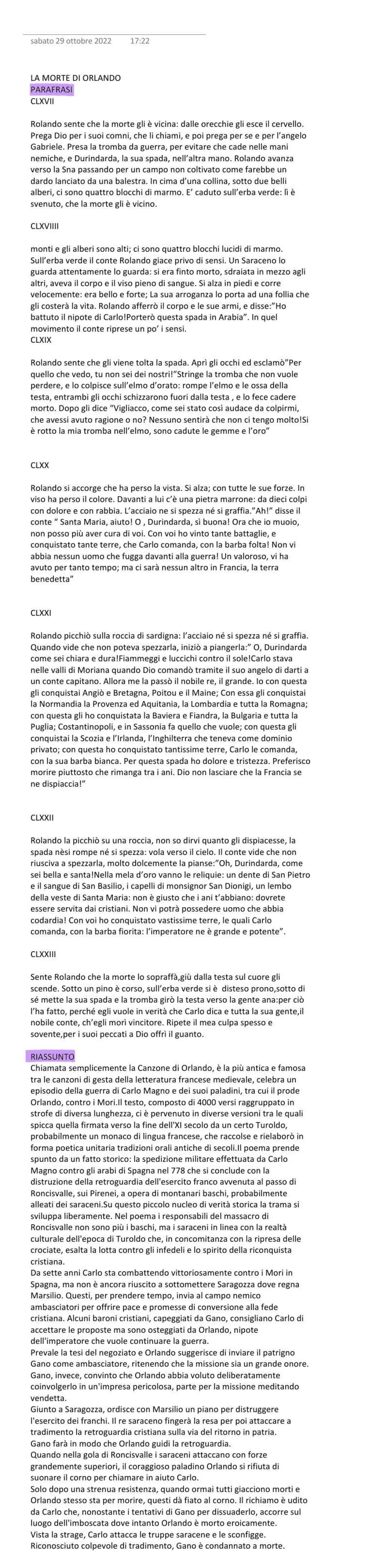 la morte di Orlando parafrasi e riassunto del testo