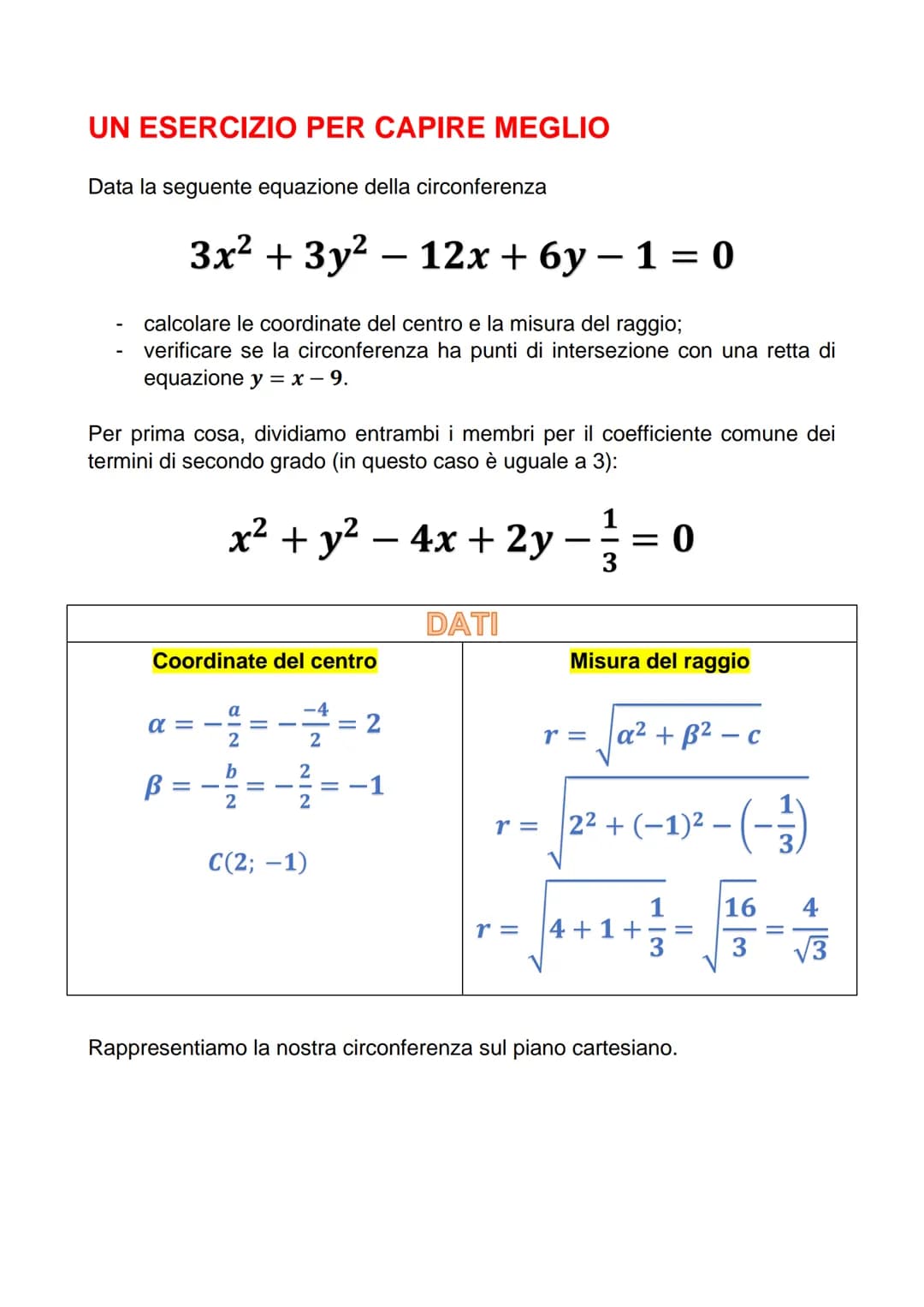 LA CIRCONFERENZA NEL PIANO
CARTESIANO
La circonferenza è il luogo geometrico dei punti equidistanti da un punto C
(centro). La distanza fra 