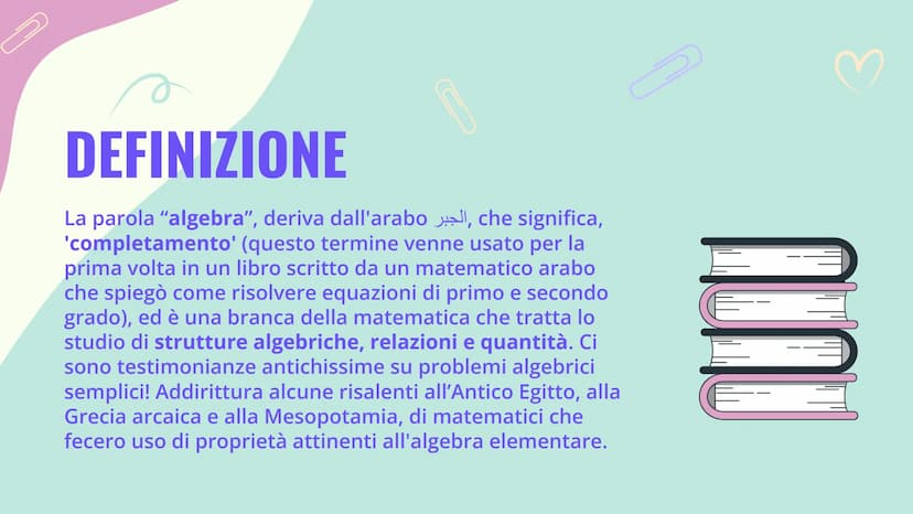 UN'INTRODUZIONE
ALL'ALGEBRA
Luce Joan Ruffato
MC MR
7
4
%
+/
M.
C
M+
9
8
6
550
ON
AC
0
2
+JUB
3
3ªE 01
03
DEFINIZIONE
Cosa significa algebra