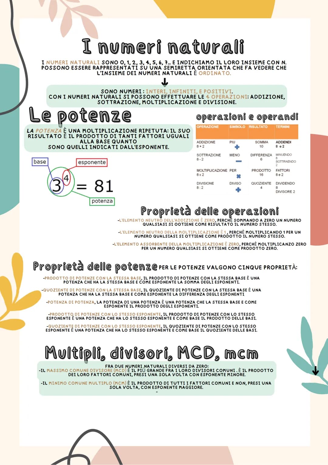 
<p>I numeri naturali sono 0, 1, 2, 3, 4, 5, 6, 7… e li indichiamo con l'insieme N. Possono essere rappresentati su una semiretta orientata 