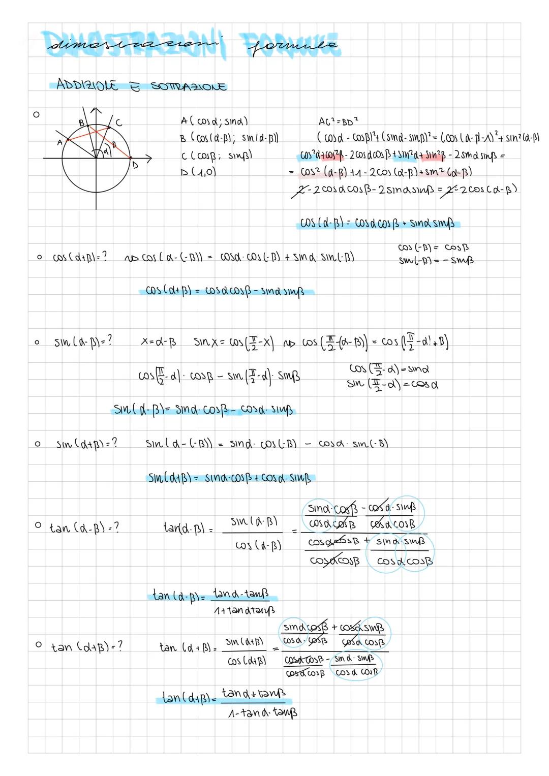 # dimosicacion formula

ADDIZIONE E SOTTRAZIONE

Ο

C


D

A (cosd; sina)

B (cos(d-B); sin/d-B))

C (cosß; sinß)

D (1,0)

AC²=BD2

(cosd-c