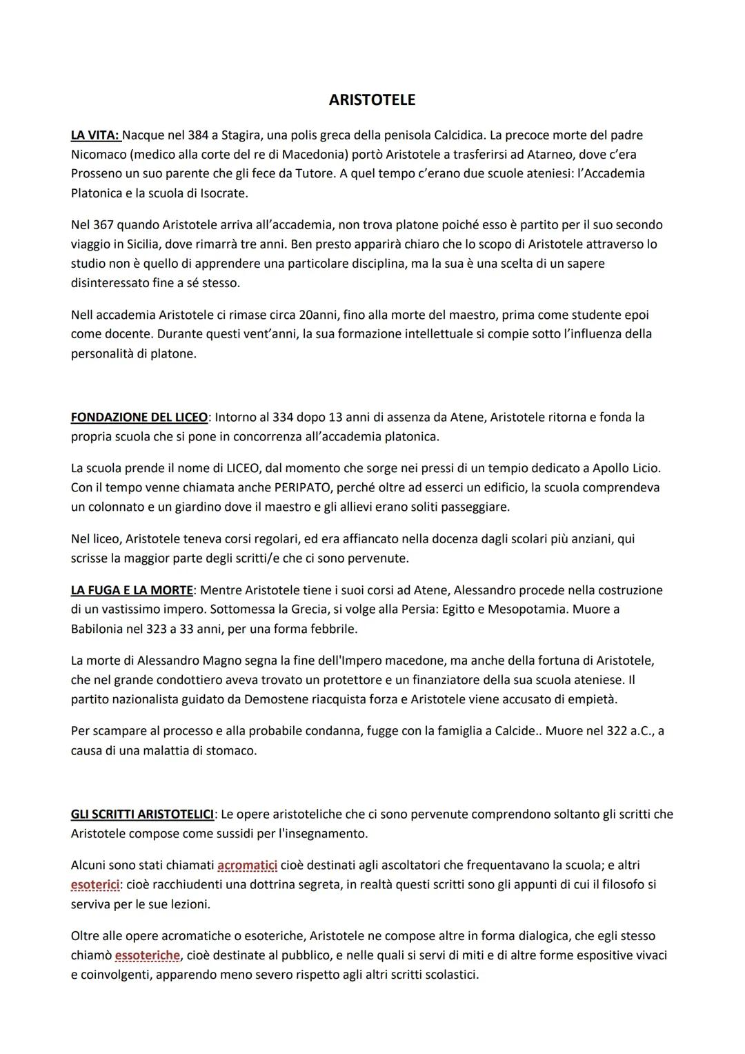 # ARISTOTELE

LA VITA: Nacque nel 384 a Stagira, una polis greca della penisola Calcidica. La precoce morte del padre
Nicomaco (medico alla 