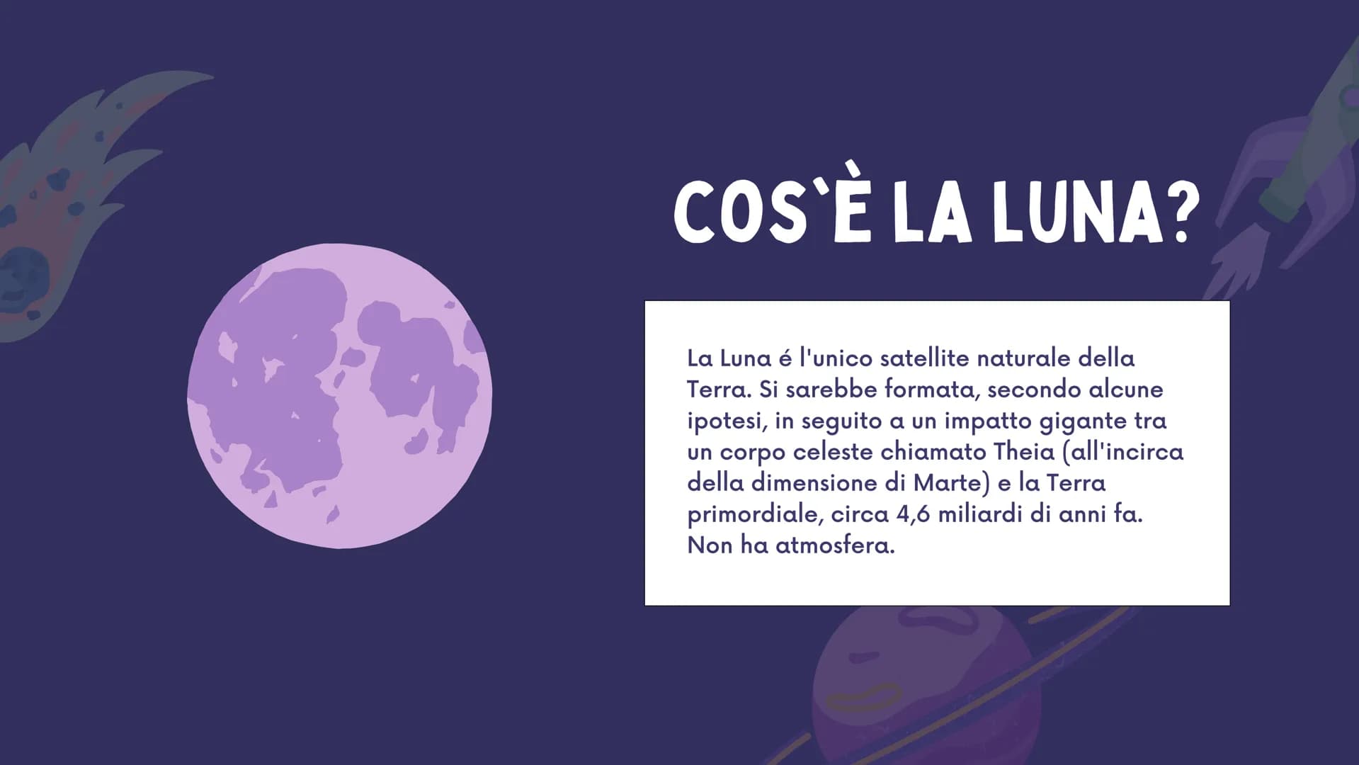 LA LUNA
di Ottavia Marozzi 1
2
3
INDICE
cos'è la Luna?
la superficie della luna
la Luna e la Terra
i movimenti della Luna
le fasi lunari
5
6