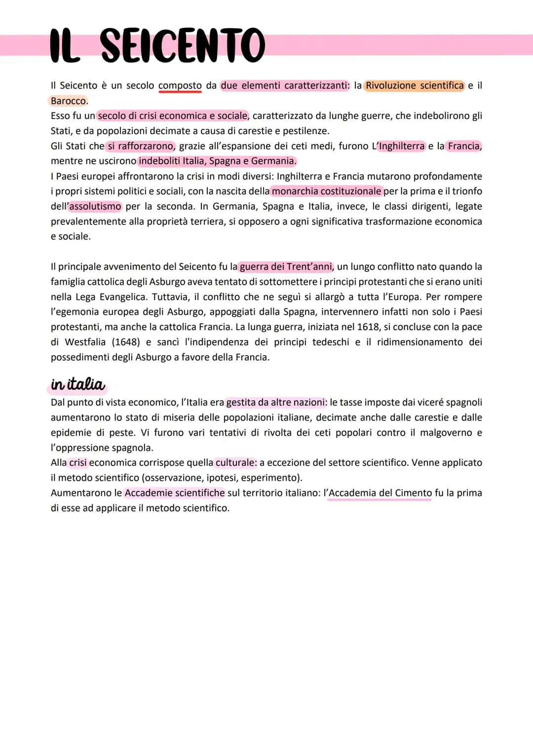 IL SEICENTO
Il Seicento è un secolo composto da due elementi caratterizzanti: la Rivoluzione scientifica e il
Barocco.
Esso fu un secolo di 