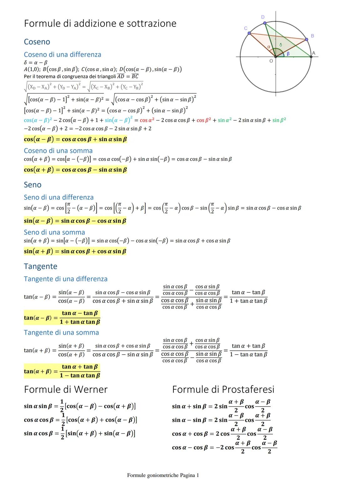 Formule di addizione e sottrazione
Coseno
Coseno di una differenza
8=α-B
A(1,0); B (cos ß, sin ß); C(cosa, sin a); D(cos(a - B), sin(a - b))