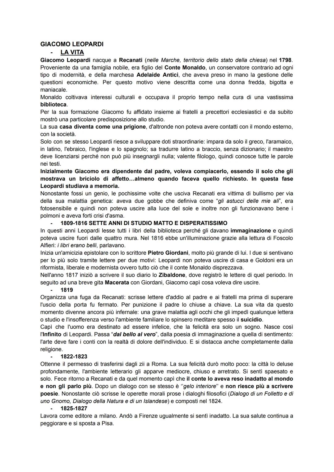 GIACOMO LEOPARDI
LA VITA
Giacomo Leopardi nacque a Recanati (nelle Marche, territorio dello stato della chiesa) nel 1798.
Proveniente da una