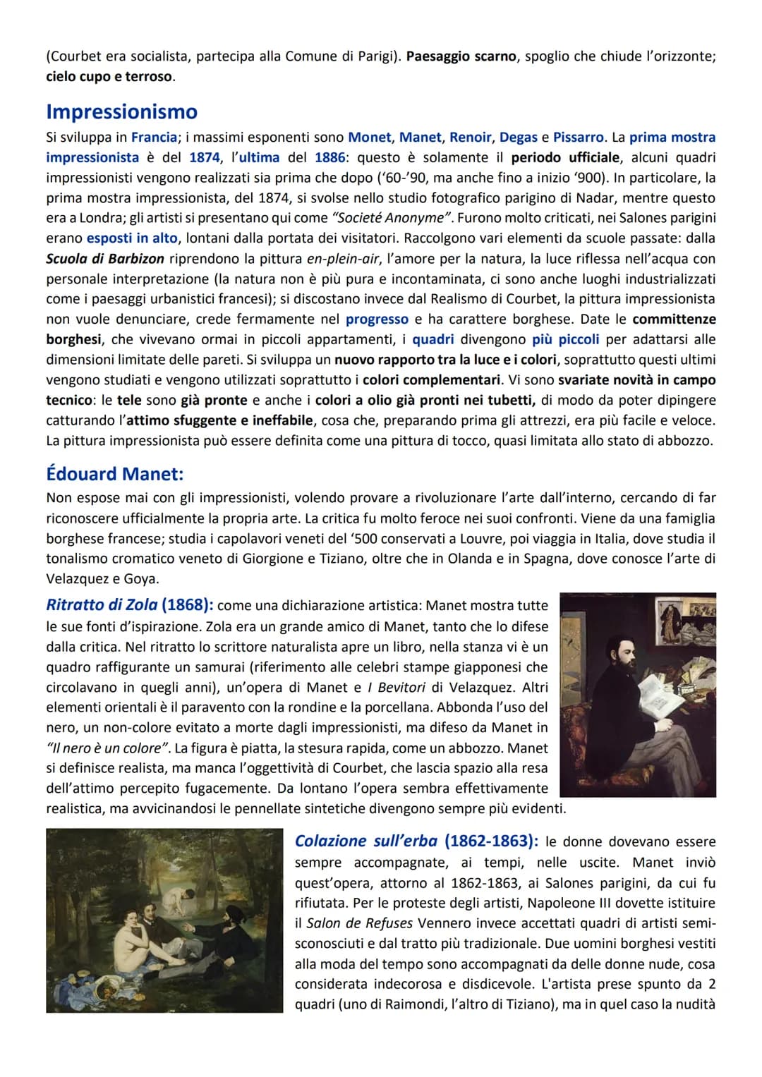 Realismo
Si sviluppa negli ultimi anni '40 dell'Ottocento; ufficialmente nel 1855, anno in cui Courbet pubblica un
opuscolo in cui espone in