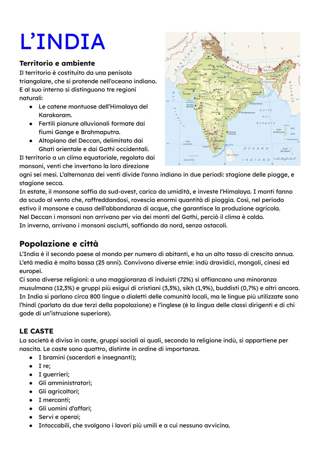 L'INDIA
Territorio e ambiente
Il territorio è costituito da una penisola
triangolare, che si protende nell'oceano indiano.
E al suo interno 