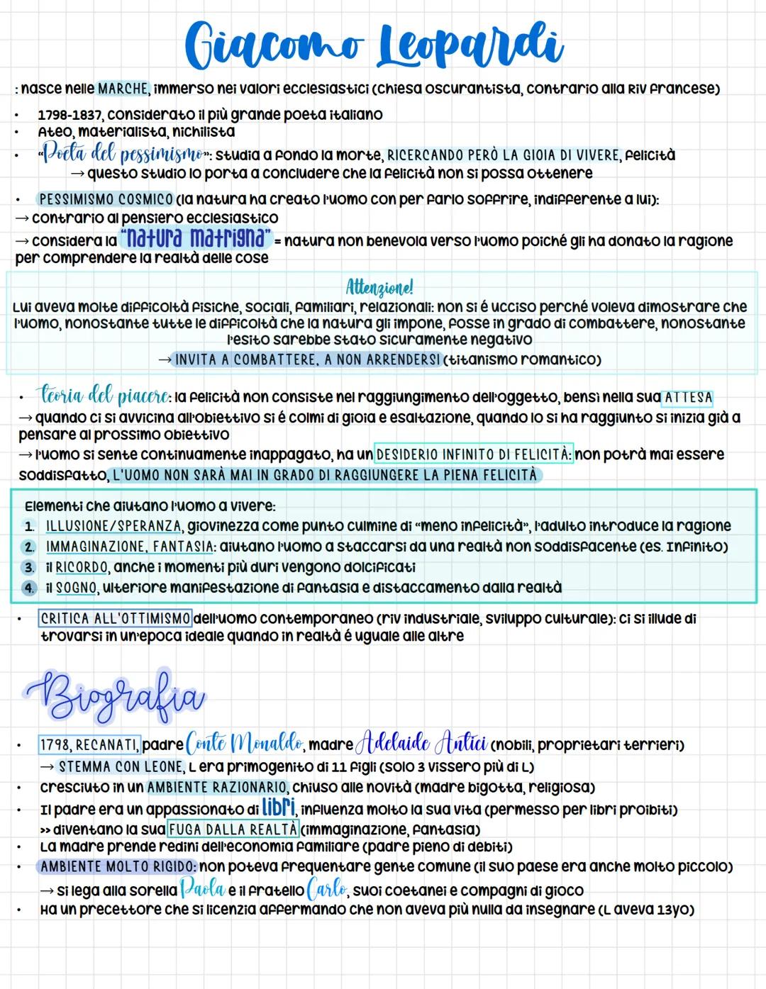 Giacomo Leopardi
: nasce nelle MARCHE, immerso nei valori ecclesiastici (Chiesa oscurantista, contrario alla Riv francese)
1798-1837, consid