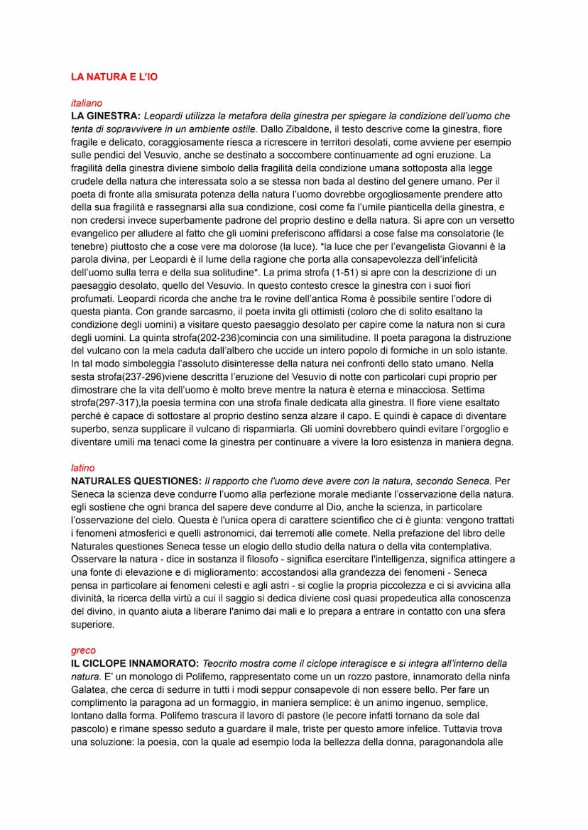 LA NATURA E L'IO
italiano
LA GINESTRA: Leopardi utilizza la metafora della ginestra per spiegare la condizione dell'uomo che
tenta di soprav