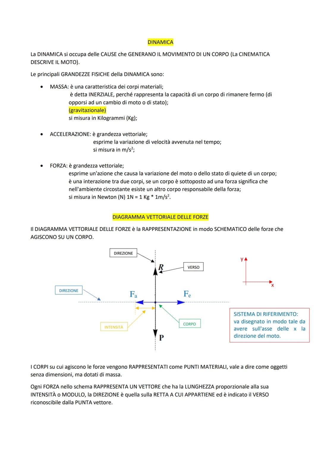 DINAMICA
La DINAMICA si occupa delle CAUSE che GENERANO IL MOVIMENTO DI UN CORPO (La CINEMATICA
DESCRIVE IL MOTO).
Le principali GRANDEZZE F